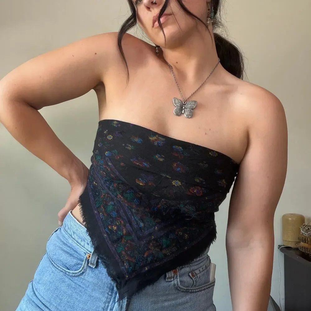 Vintage 90s Black Floral Square Bandana Scarf